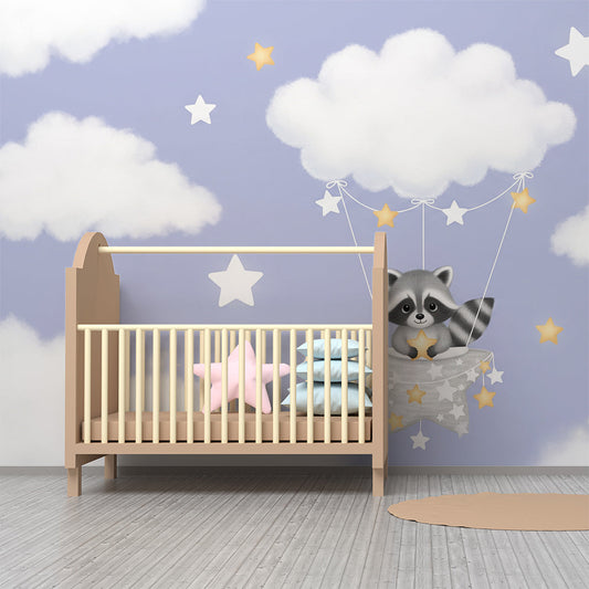 Kids-Mundo raccoon wall mural styled on a feature wall in a kids bedroom