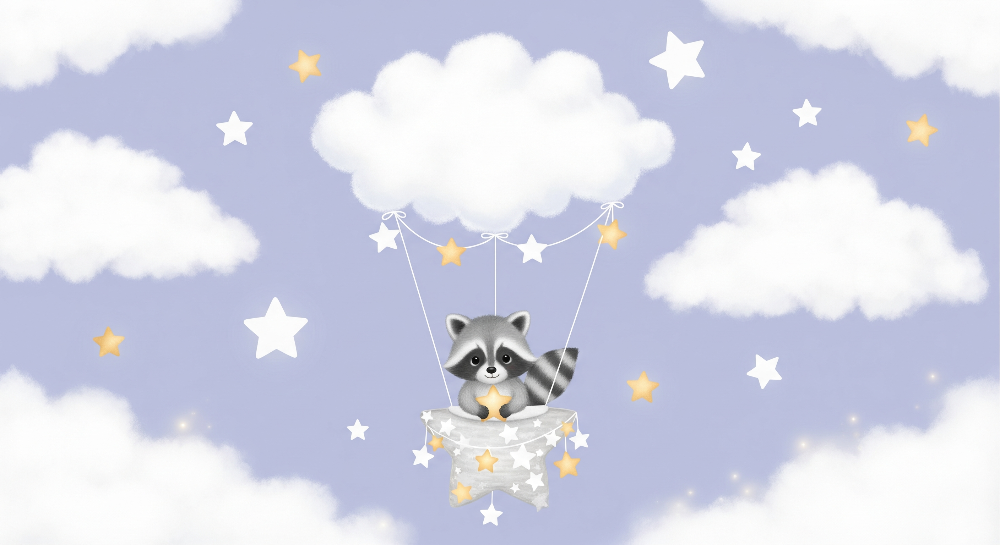Flat artwork of the Kids-Mundo baby raccoon cloud balloon wall mural design with stars