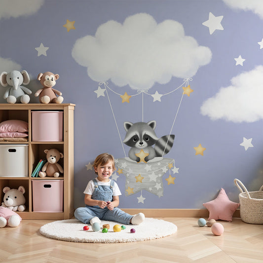 Kids-Mundo baby raccoon cloud balloon wall mural above a cot in a lavender nursery