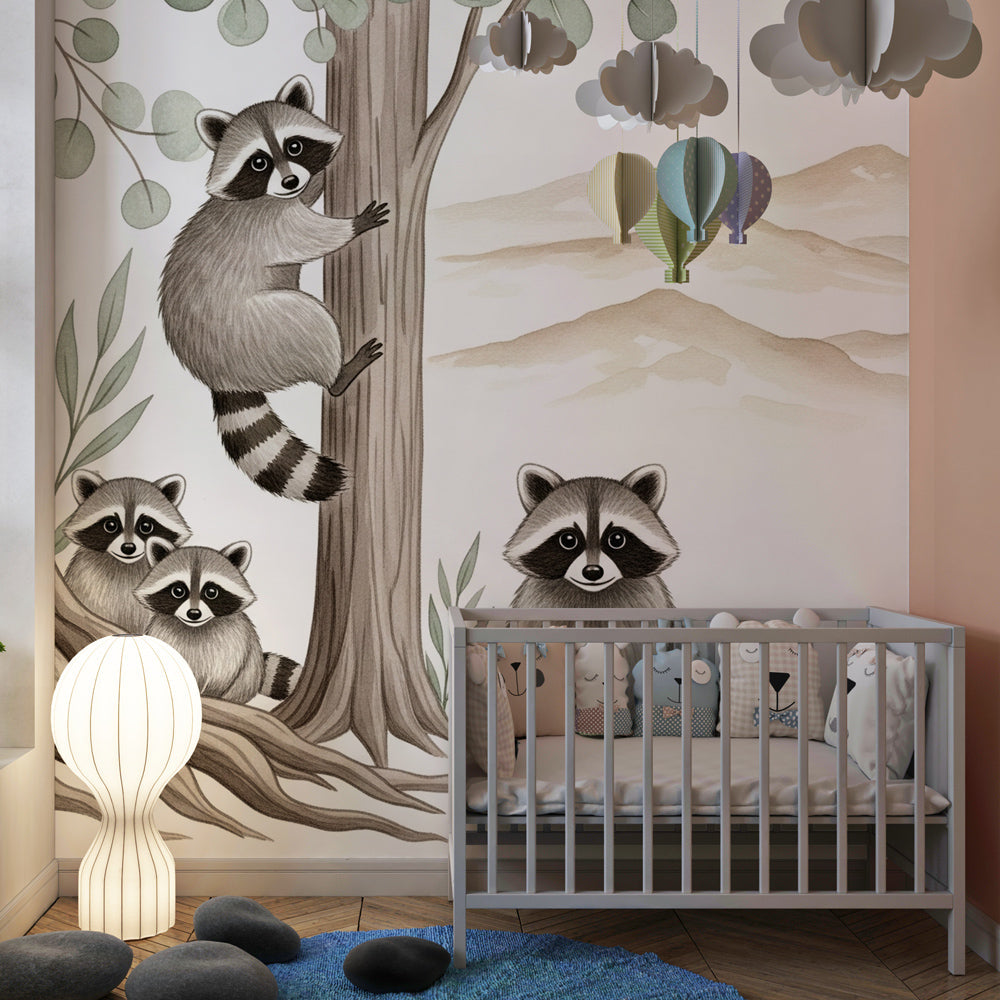 Kids-Mundo watercolour raccoon family mural covering a feature wall in a child's bedroom