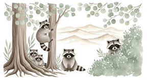 Detailed raccoon family woodland mural wallpaper design pattern with mint green forest by Kids-Mundo