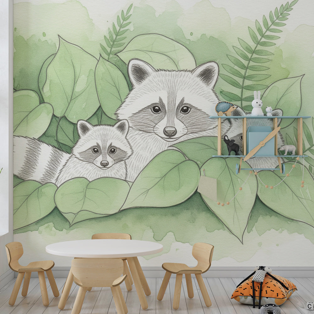 Green woodland raccoon mural wallpaper transforming children's room into forest adventure