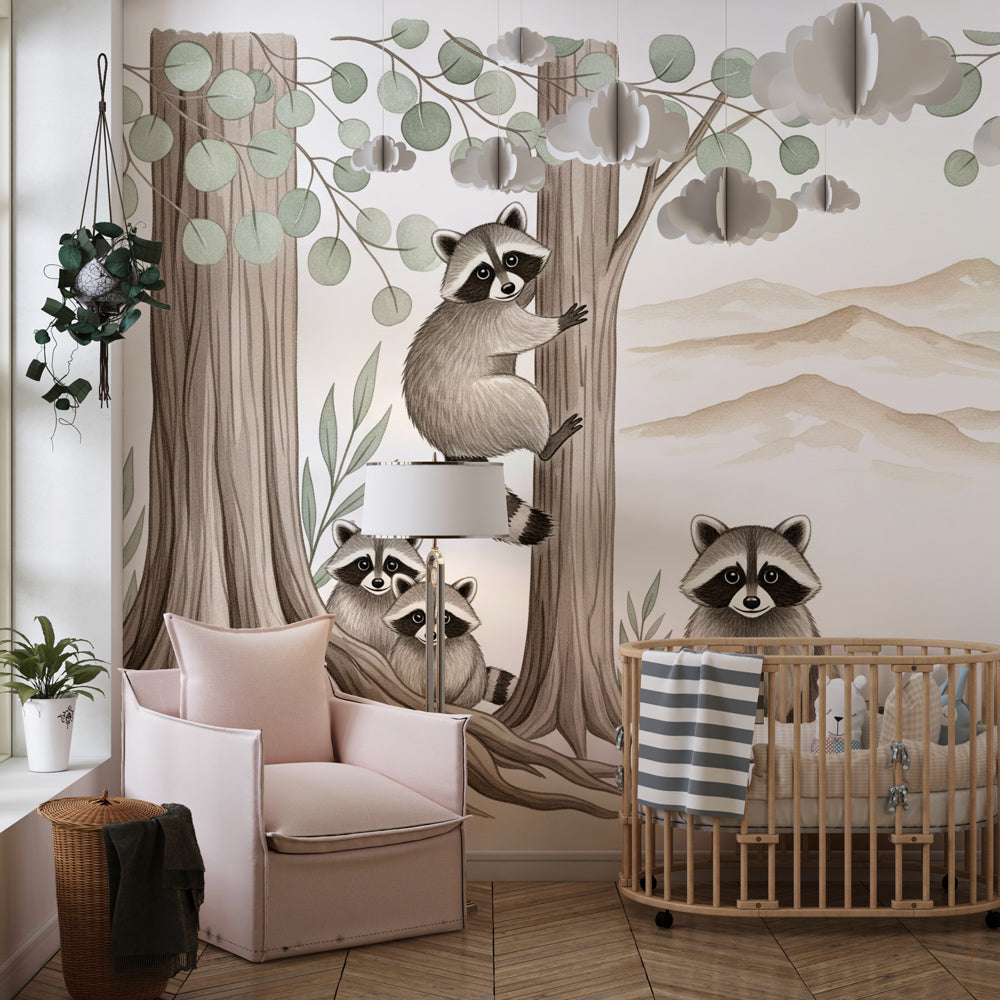 Woodland raccoon wallpaper transforming kids playroom into enchanting forest adventure space