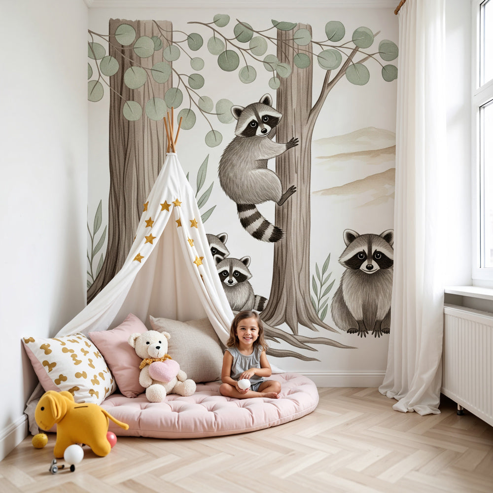 Raccoon family mural wallpaper creating woodland atmosphere in modern kids nursery by Kids-Mundo