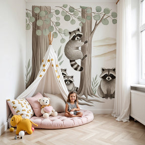 Raccoon family mural wallpaper creating woodland atmosphere in modern kids nursery by Kids-Mundo