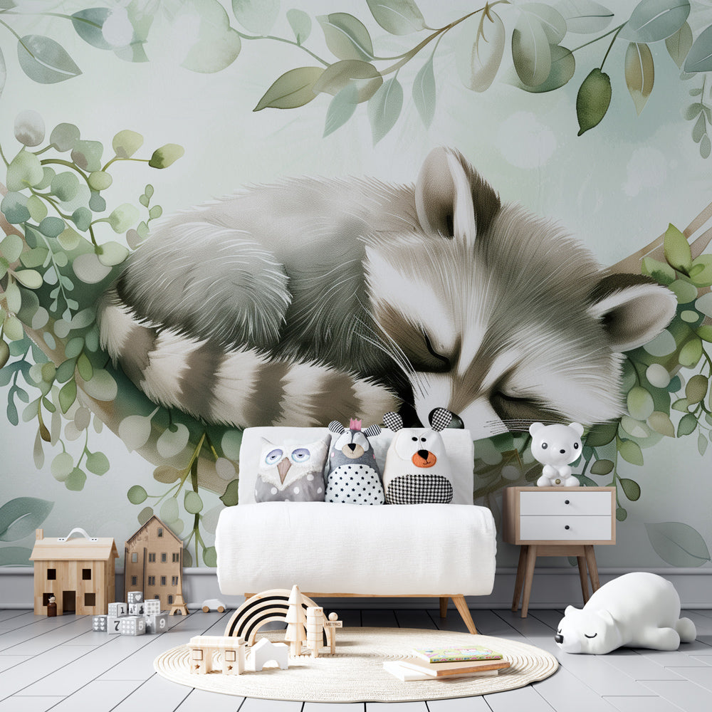 Forest hammock raccoon mural wallpaper transforming baby room into woodland sanctuary