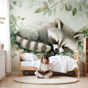 Raccoon forest mural wallpaper in modern nursery room with wooden crib by Kids-Mundo