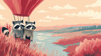 Kids-Mundo flat artwork of two raccoons and a red hot air balloon over rolling hills