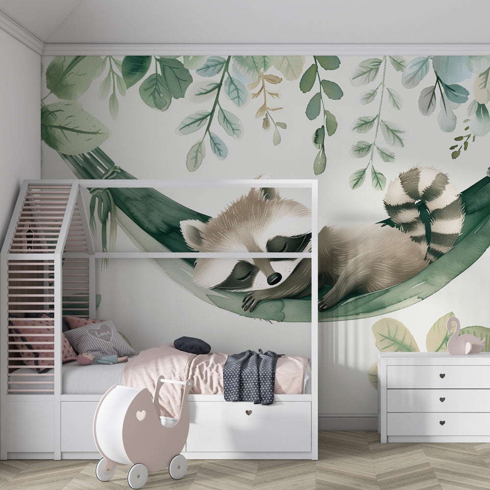 Kids-Mundo raccoon hammock wall mural shown on a wall in a woodland kids bedroom