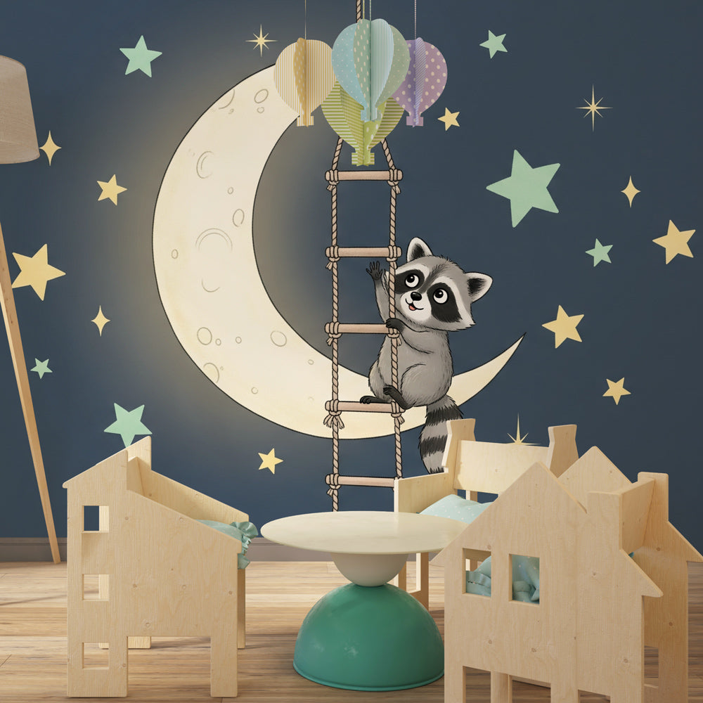 Dreamy raccoon and moon wallpaper creating cozy bedtime environment for kids