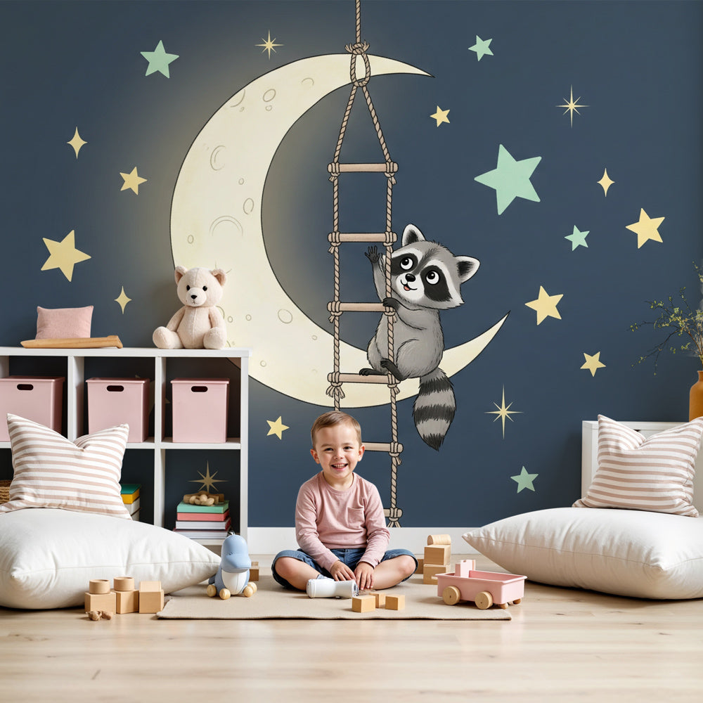 Raccoon moon mural wallpaper creating dreamy atmosphere in modern nursery by Kids-Mundo