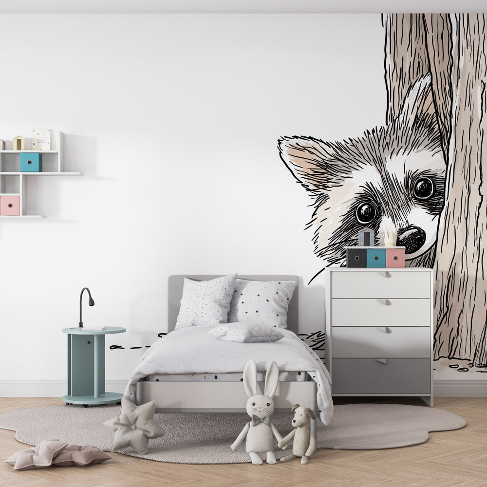 Forest animal wallpaper featuring playful raccoon in cozy children's bedroom setting
