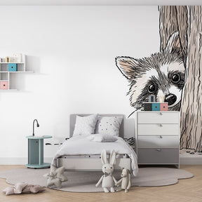 Forest animal wallpaper featuring playful raccoon in cozy children's bedroom setting