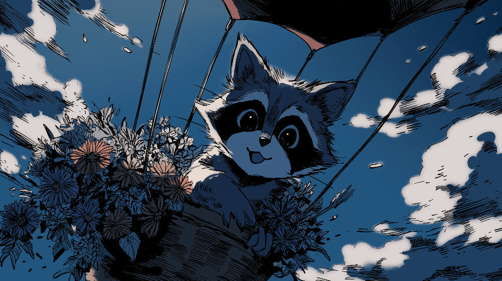 Detailed raccoon with balloon and flowers mural wallpaper design pattern by Kids-Mundo