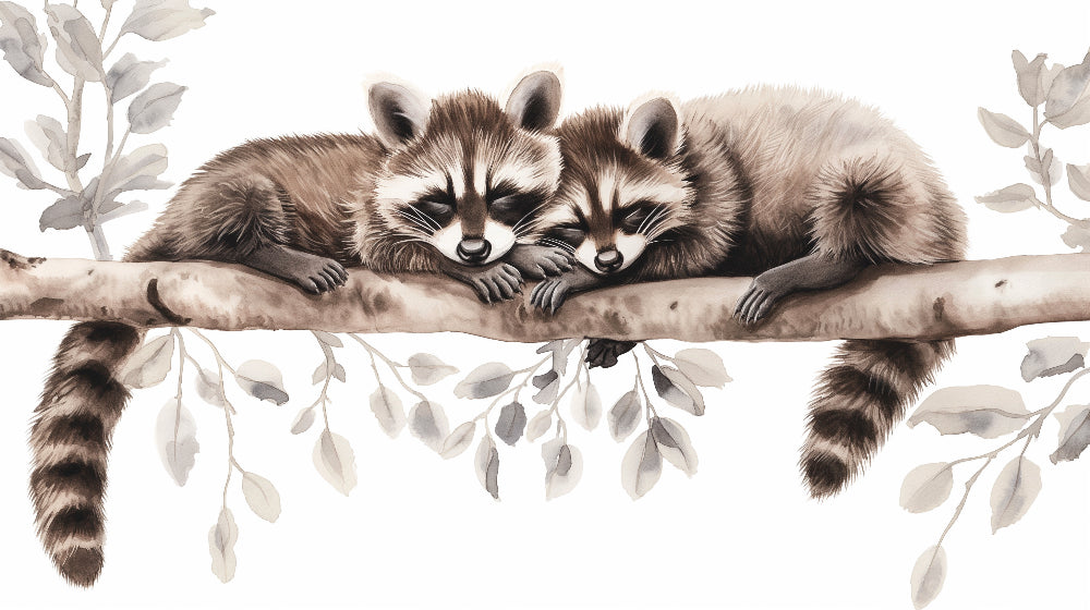 Detailed sleeping raccoons forest mural wallpaper design pattern with stylized leaves by Kids-Mundo