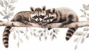 Detailed sleeping raccoons forest mural wallpaper design pattern with stylized leaves by Kids-Mundo