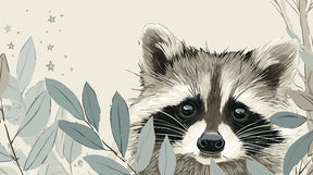 Detailed raccoon mural wallpaper design pattern showing curious forest animal among delicate leaves by Kids-Mundo