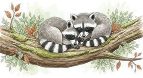 Detailed raccoon mural wallpaper design pattern showing cuddling woodland friends by Kids-Mundo