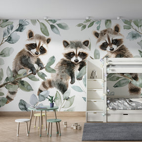Three raccoons on branches mural wallpaper for peaceful children's room decor
