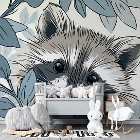 Nature-themed raccoon wallpaper creating woodland atmosphere in children's bedroom
