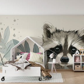 Forest animal mural wallpaper featuring adorable raccoon among leaves for kids room by Kids-Mundo