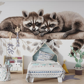 Forest animal raccoon wallpaper creating peaceful woodland atmosphere in children's bedroom