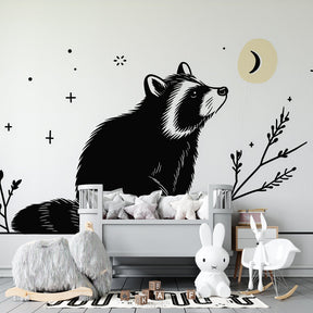 Monochrome raccoon mural wallpaper showcasing artistic moonlit forest theme for children