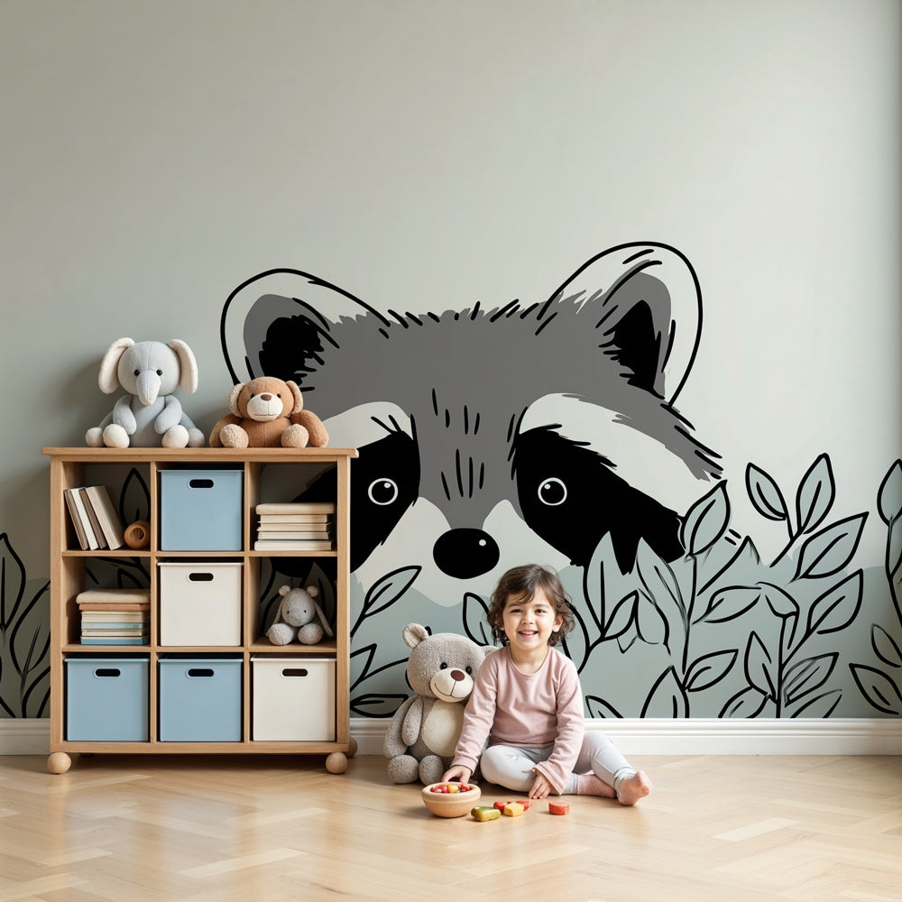 Curious raccoon mural wallpaper creating peaceful woodland nursery decor by Kids-Mundo