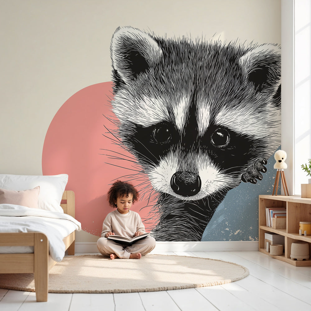Playful raccoon mural wallpaper creating cozy woodland nursery decor by Kids-Mundo