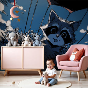 Raccoon sky adventure mural wallpaper in modern nursery with white crib by Kids-Mundo