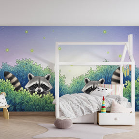 Nature-themed raccoon wallpaper transforming children's playroom into enchanted forest space