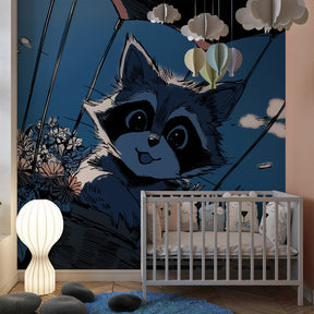 Sky-themed raccoon mural wallpaper with clouds in bright kids playroom setting