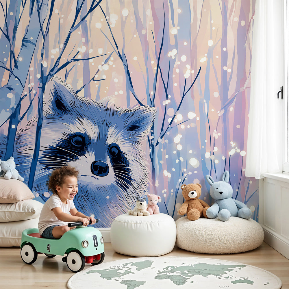 Raccoon winter forest mural wallpaper in cozy kids nursery with natural wood furniture by Kids-Mundo