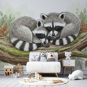 Cuddling raccoons wallpaper creating peaceful woodland atmosphere in children's bedroom