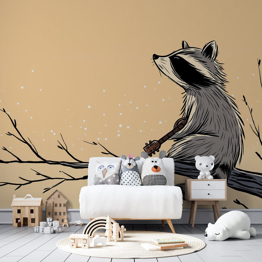 Musical raccoon wallpaper transforming children's bedroom with starry night theme