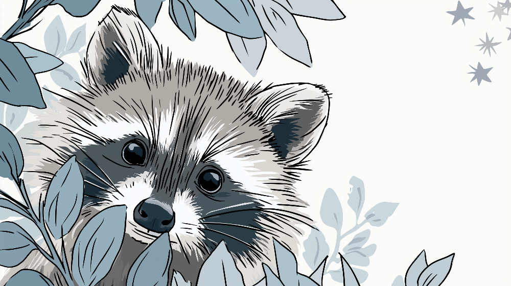 Kids-Mundo hand-drawn illustration of a raccoon peeking through blue leaves mural artwork
