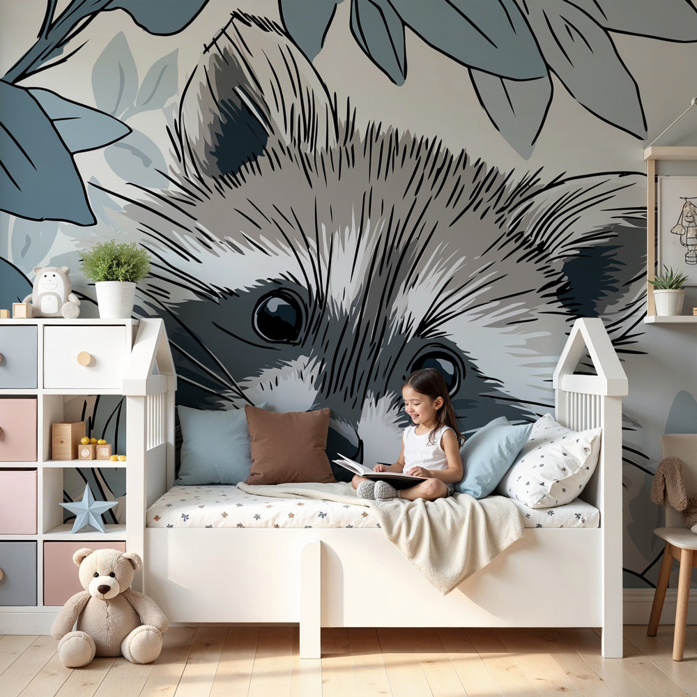 Kids-Mundo raccoon wall mural styled behind a cot in a soft blue-grey nursery