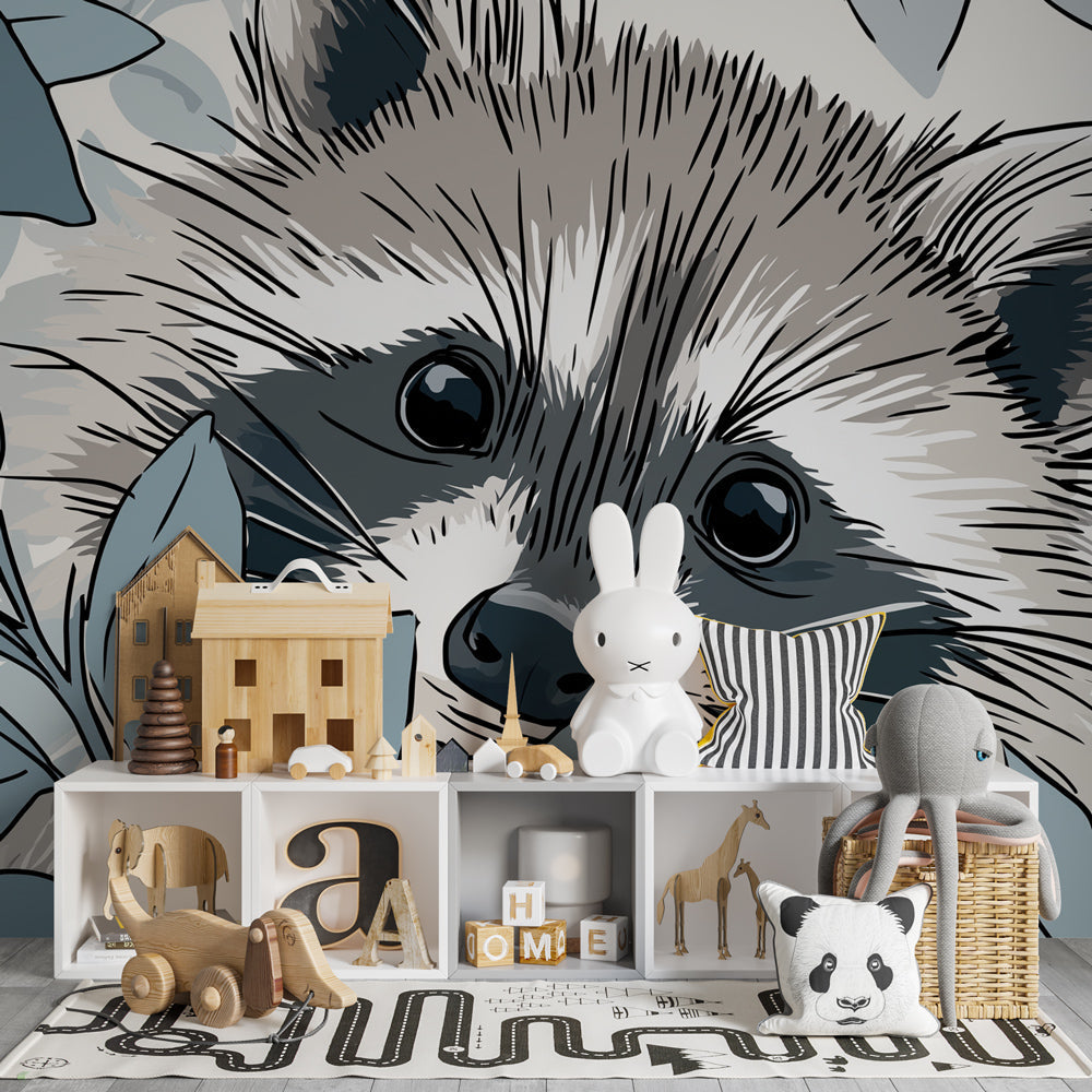 Kids-Mundo raccoon wall mural brightening a monochrome children's playroom feature wall