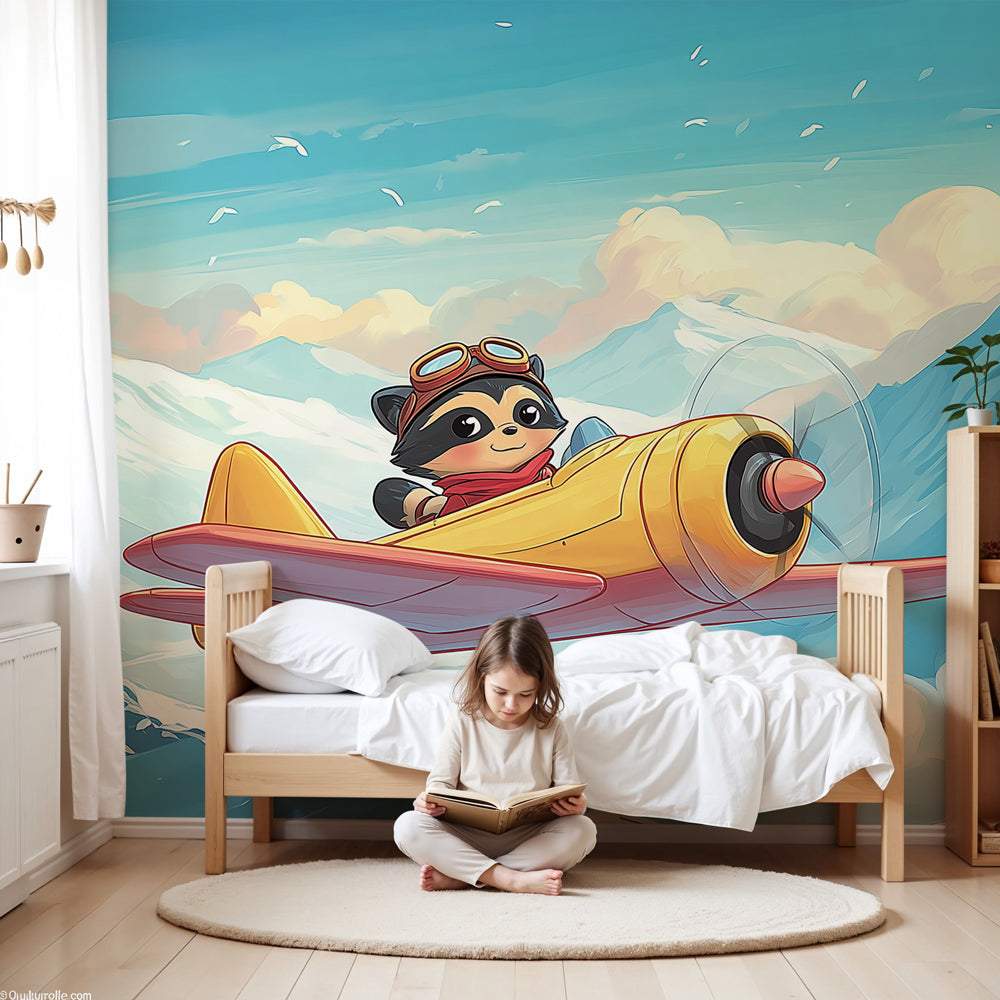 Raccoon pilot mountain adventure mural wallpaper in modern kids bedroom by Kids-Mundo