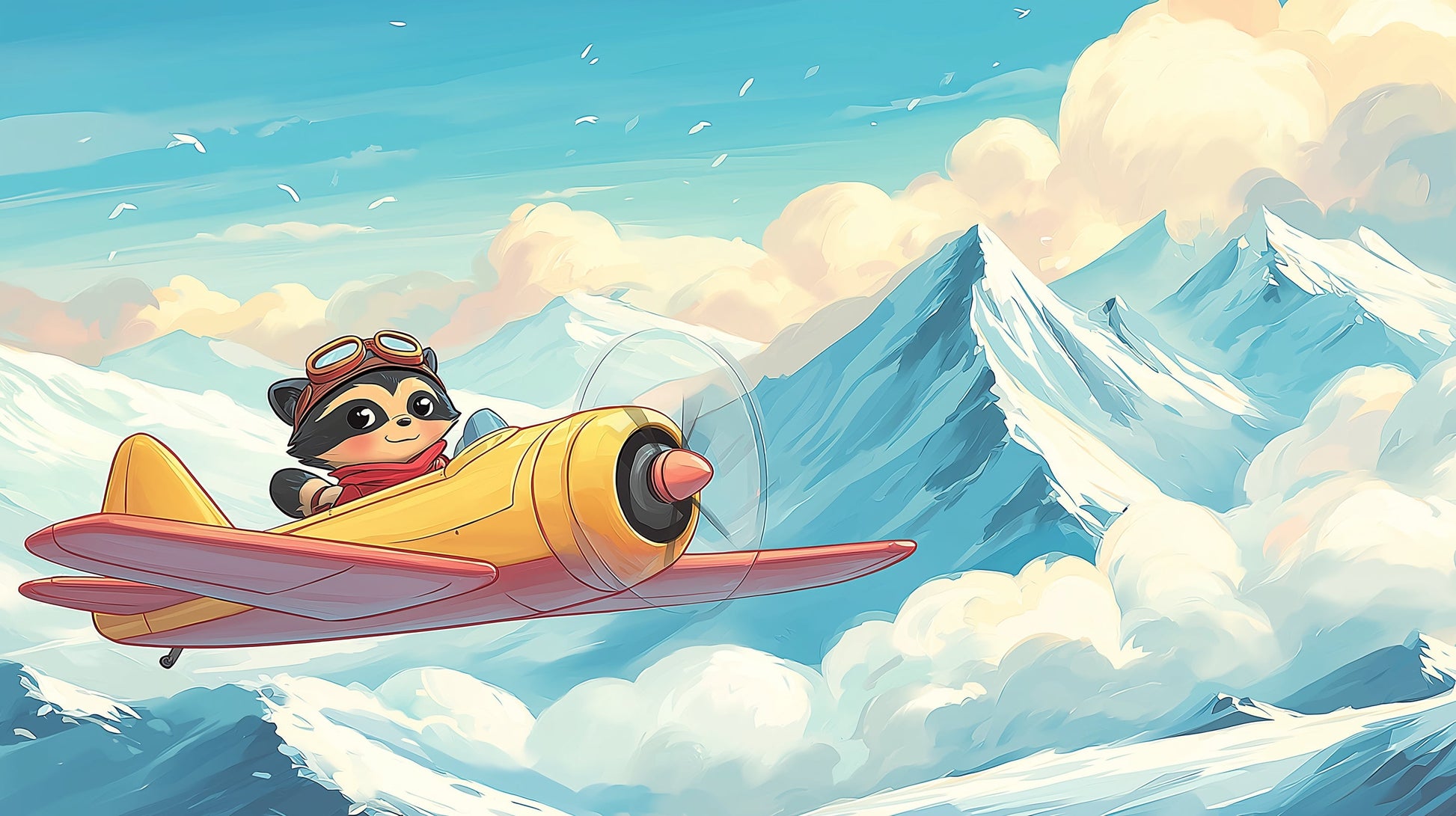 Detailed raccoon pilot mountain adventure mural wallpaper design pattern by Kids-Mundo