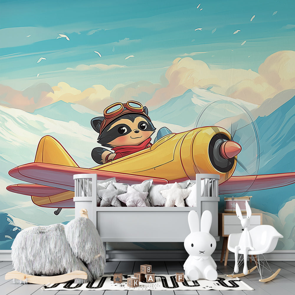 Children's raccoon airplane wallpaper transforming playroom into mountain adventure scene