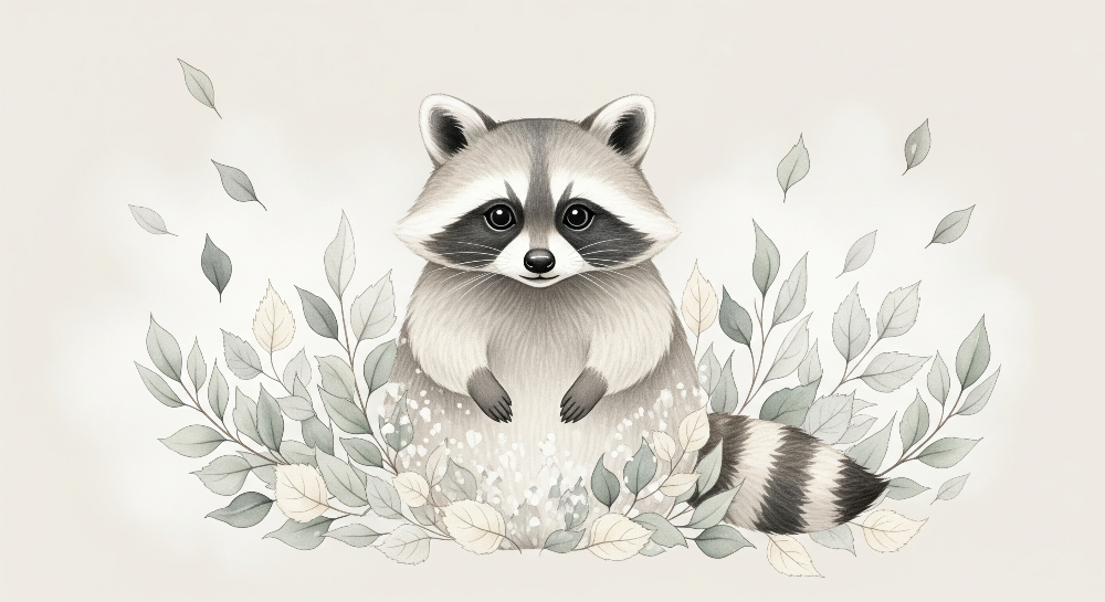 Kids-Mundo raccoon wall mural flat artwork showing delicate sage leaves and foliage detail