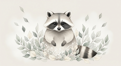 Kids-Mundo raccoon wall mural flat artwork showing delicate sage leaves and foliage detail