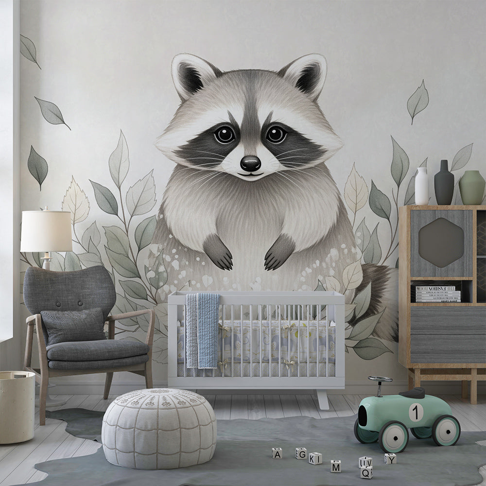 Kids-Mundo raccoon wall mural brightening a playful woodland-themed playroom corner