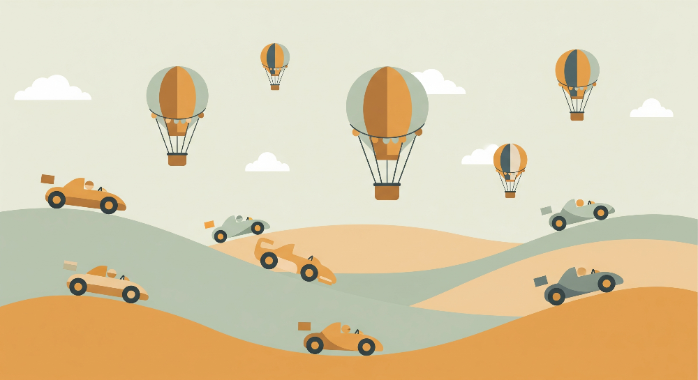 Kids-Mundo flat artwork of retro race cars and striped hot air balloons over green hills