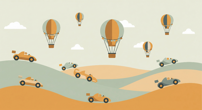 Kids-Mundo flat artwork of retro race cars and striped hot air balloons over green hills