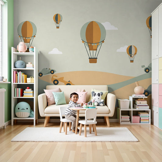 Kids-Mundo vintage race car wall mural with hot air balloons in a bright baby nursery room