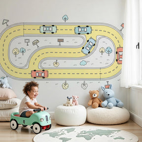 Race track mural wallpaper with colorful cars in modern boys bedroom by Kids-Mundo