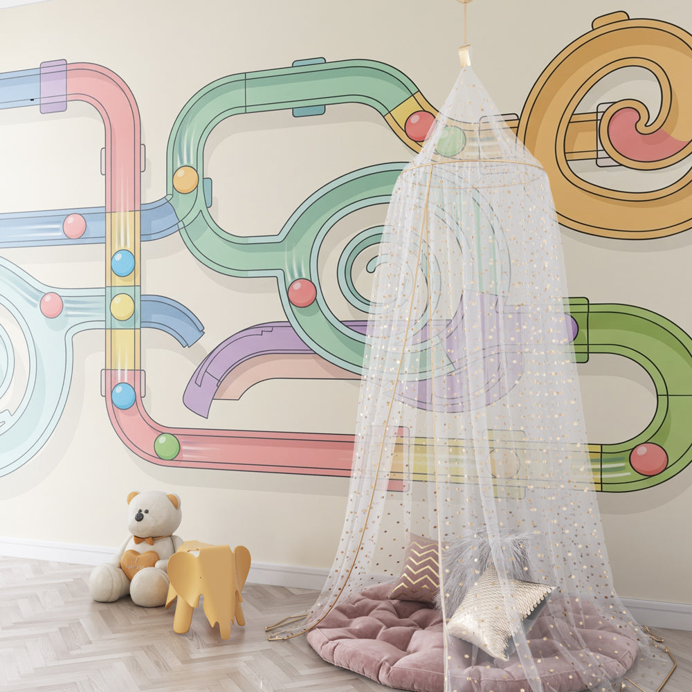 Circuit design wallpaper with beige tones creating engaging toddler room environment by Kids-Mundo