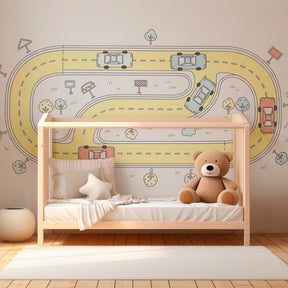 Bright racing track wallpaper transforming kids playroom into adventure zone